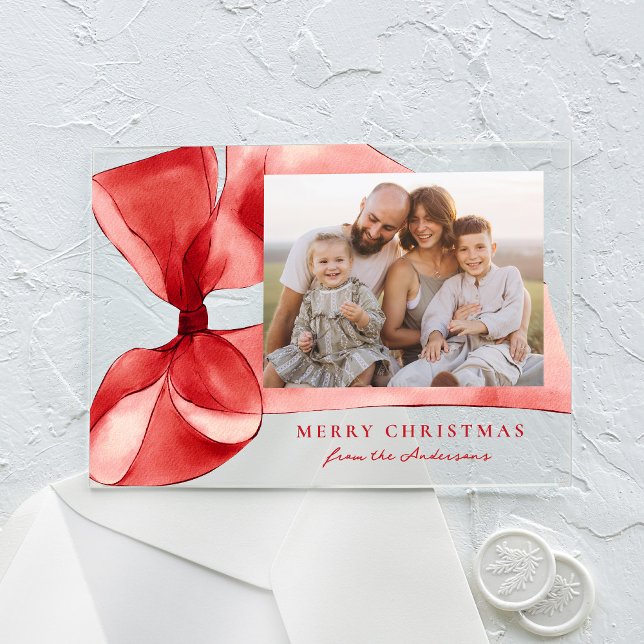 Elegant Red Watercolor Bow Photo Holiday Card Acrylic Invitations (Creator Uploaded)