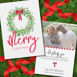 Elegant Red Watercolor Christmas Wreath One Photo Holiday Card