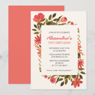 Elegant Red Watercolor Floral 74th birthday Invitation