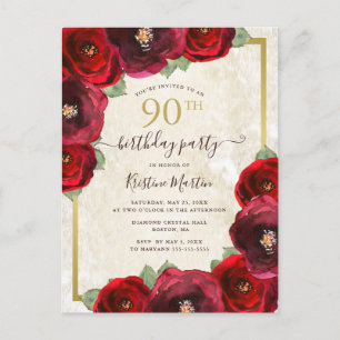 Elegant Red Watercolor Floral Gold 90th Birthday Invitation Postcard