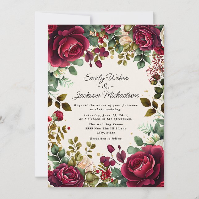 Elegant Red Watercolor Floral Gold Glitter Wedding Invitation (Front)
