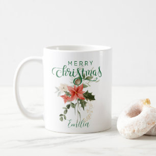 Elegant Red Watercolor Floral Merry Christmas Coffee Mug