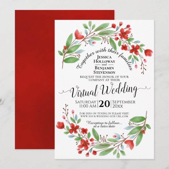 Elegant Red Watercolor Floral Virtual Wedding Invitation (Front/Back)