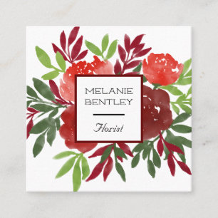 Elegant Red Watercolor Flowers Florist Square Business Card