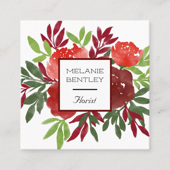 Elegant Red Watercolor Flowers Florist Square Business Card (Front)