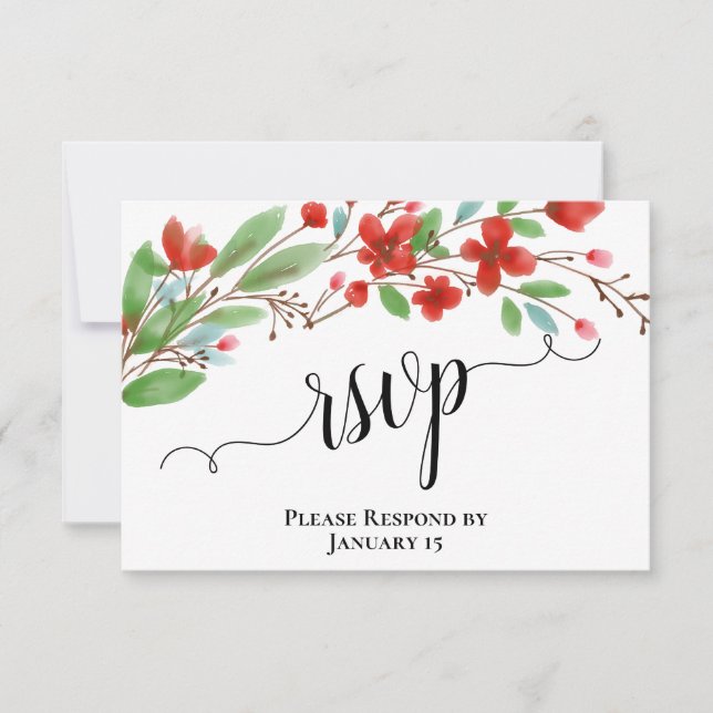 Elegant Red Watercolor Flowers Wedding RSVP Card (Front)