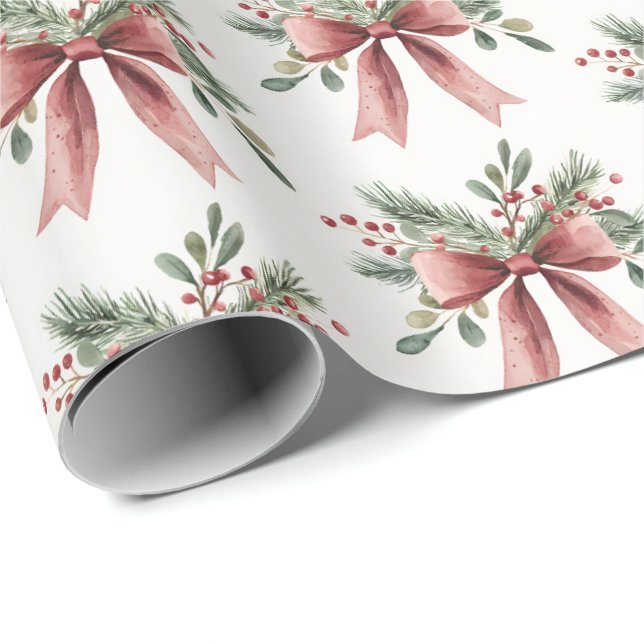 Elegant Red Watercolor Holly Bow Pattern Christmas Wrapping Paper (Roll Corner)