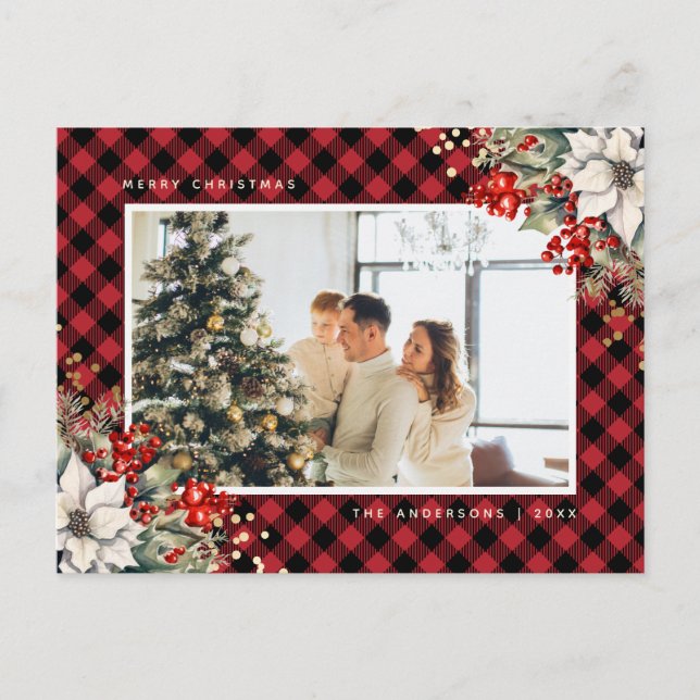 Elegant Red Watercolor Photo Christmas Holiday Postcard (Front)