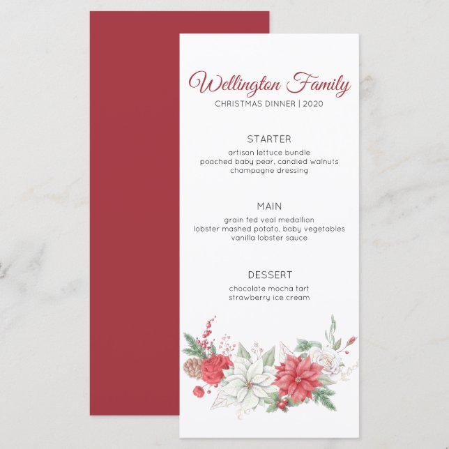 Elegant Red Watercolor Poinsettia Christmas Dinner Menu (Front/Back)