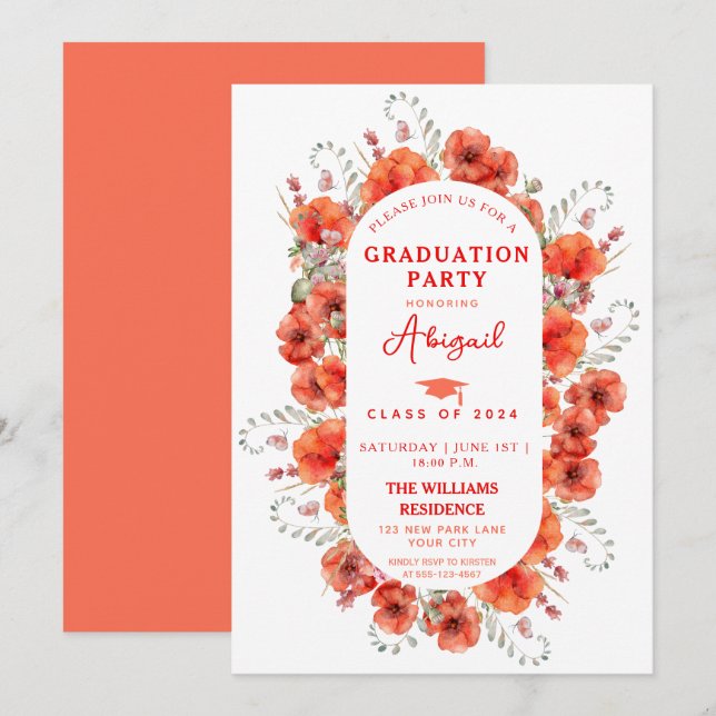 Elegant Red Watercolor Poppies Graduation Invitation (Front/Back)