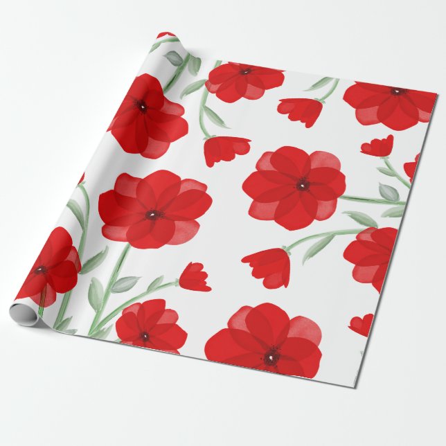Elegant Red Watercolor Poppy Floral Pattern Wrapping Paper (Unrolled)