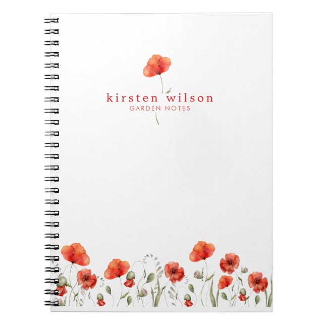 Elegant Red Watercolor Poppy Flowers Personalised  Notebook (Front)