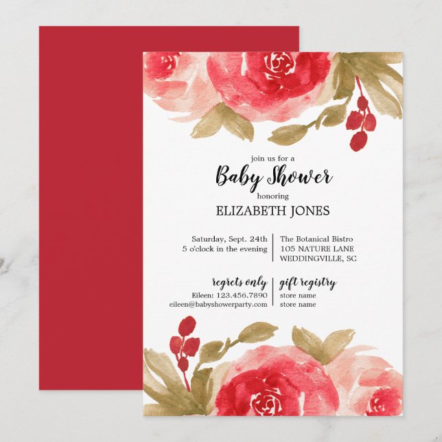 Elegant Red Watercolor Rose Baby Shower Invitation (Front/Back)