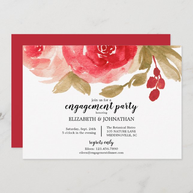 Elegant Red Watercolor Rose Engagement Party Invitation (Front/Back)