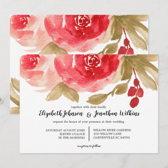 Elegant Red Watercolor Rose Wedding Ceremony Invitation (Front/Back)