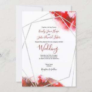 Elegant Red Watercolor/Silver Geometric Wedding Invitation