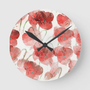 Elegant Red Watercolour Poppies Illustration Round Clock