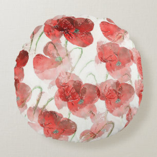 Elegant Red Watercolour Poppies Illustration Round Cushion