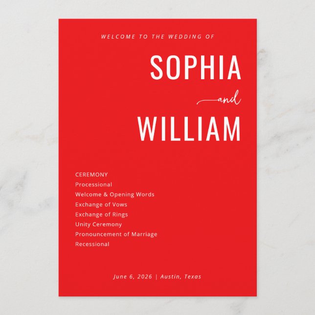 Elegant Red Wedding Ceremony Programme (Front)