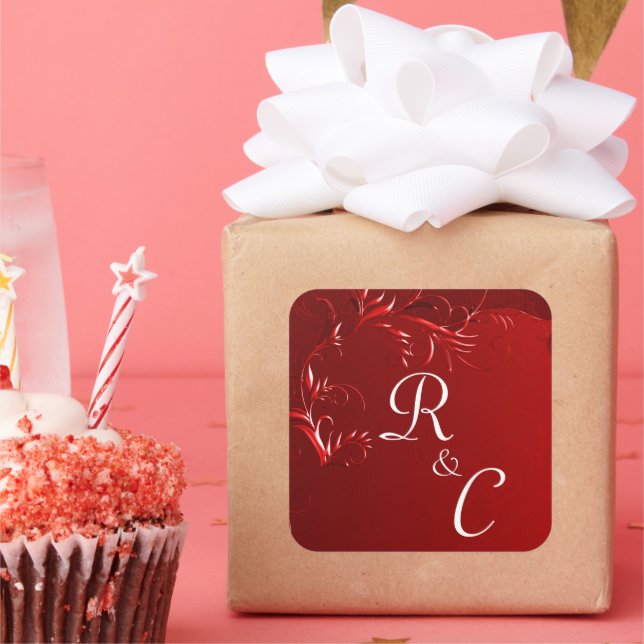 Elegant Red Wedding Monogrammed Square Sticker (Party)