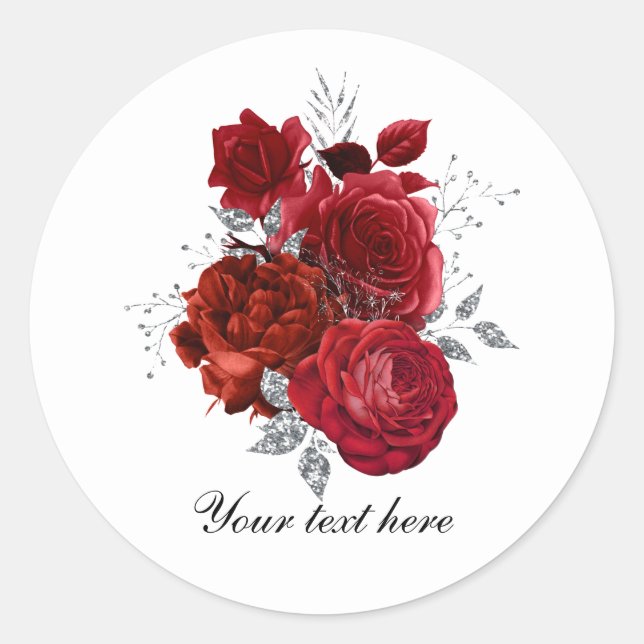 Elegant red Wedding roses customisable Classic Round Sticker (Front)