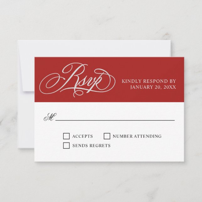 Elegant Red Wedding RSVP with Script Flourishes (Front)