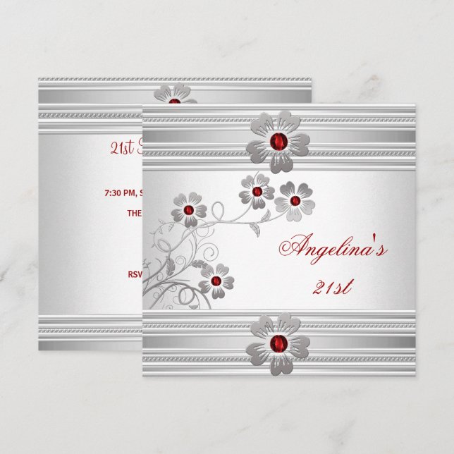Elegant Red White 21st Birthday Party Flowers Invitation (Front/Back)