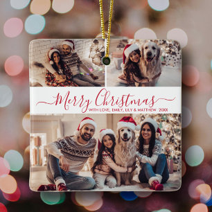 Elegant Red White 3 Photo Collage Christmas  Ceramic Ornament