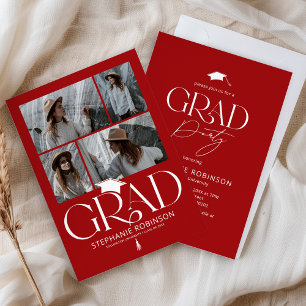 Elegant Red & White 4 Photo Graduation Party Invitation