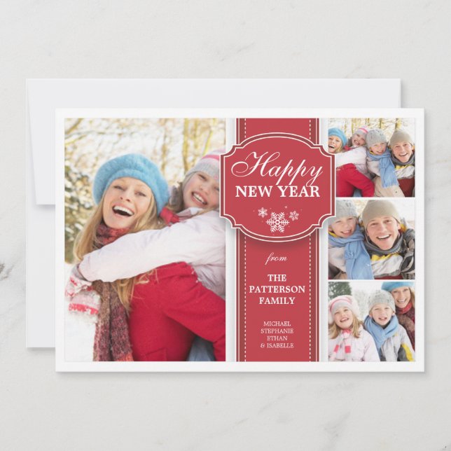 Elegant  Red & White 4 Photo New Year Photocard Holiday Card (Front)