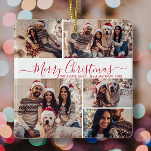 Elegant Red White 5 Photo Collage Christmas  Ceramic Ornament