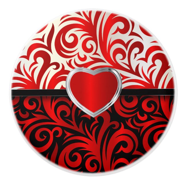 Elegant Red, White and Black Floral Swirls Ceramic Knob (Front)