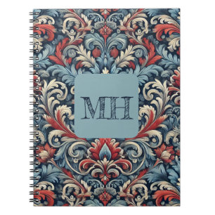 Elegant red, white and blue damask with monogram notebook