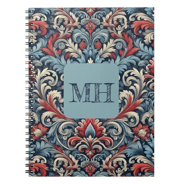 Elegant red, white and blue damask with monogram notebook (Front)