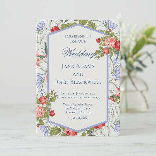 Elegant Red White and Blue Patriotic Wedding Invitation (Standing Front)