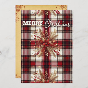 Elegant Red, white and Gold Festive Plaid  Holiday Card
