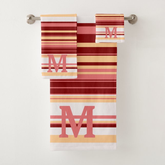 Elegant red white and pink stripes monogram bath towel set (Insitu)