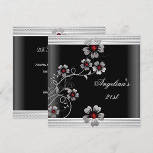 Elegant Red White Black 21st Birthday Flowers Invitation