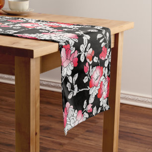 Elegant Red White Black Floral Pattern Short Table Runner