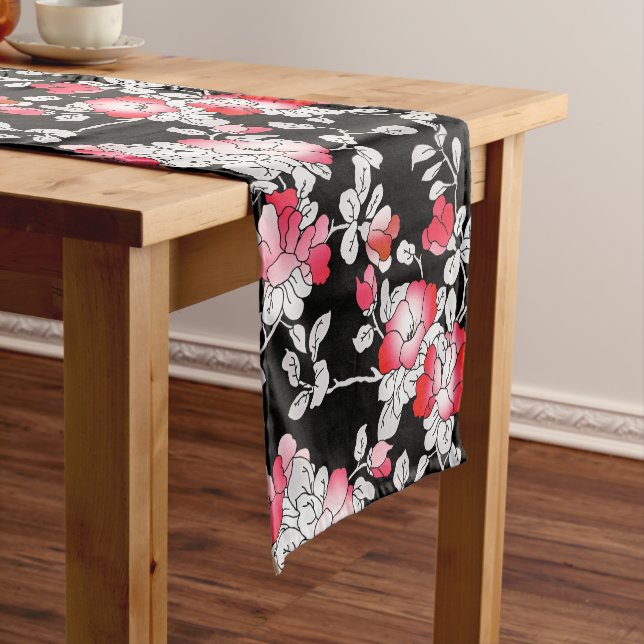 Elegant Red White Black Floral Pattern Short Table Runner (In Situ)
