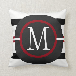 Elegant Red, White & Black Lines With Monogram Cushion