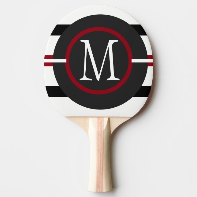 Elegant Red, White & Black Lines With Monogram Ping Pong Paddle (Front)