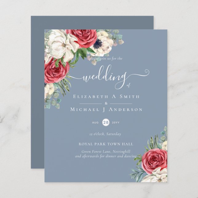 Elegant Red White Blue Floral Wedding Budget (Front/Back)