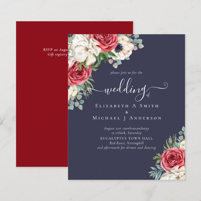 Elegant Red White Blue Floral Wedding Budget (Front/Back)