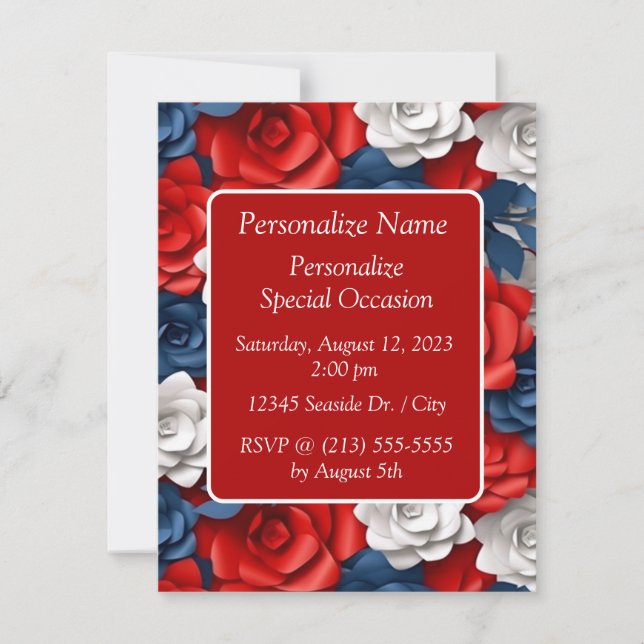 Elegant Red White Blue Patriotic Flower Garden Invitation (Front)
