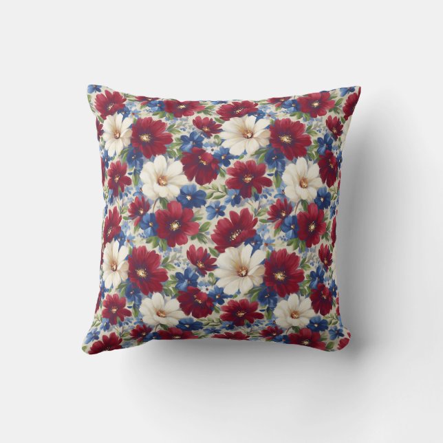 Elegant Red White Blue Vintage Floral Cushion (Back)