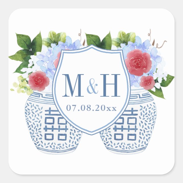 Elegant Red White Blue Wedding Monogram Square Sticker (Front)