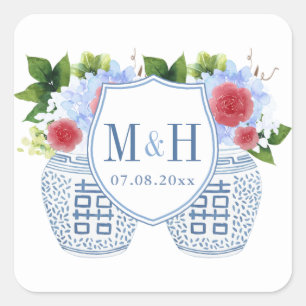 Elegant Red White Blue Wedding Monogram Square Sticker