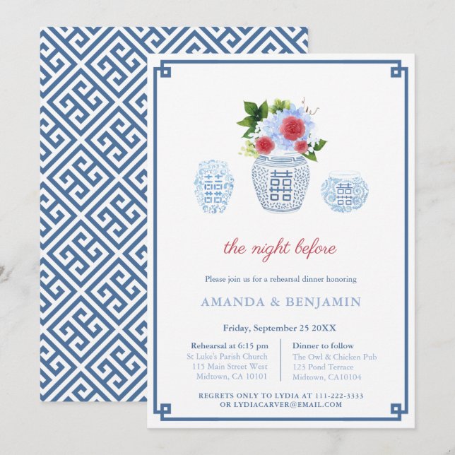 Elegant Red White Blue Wedding Rehearsal Dinner Invitation (Front/Back)