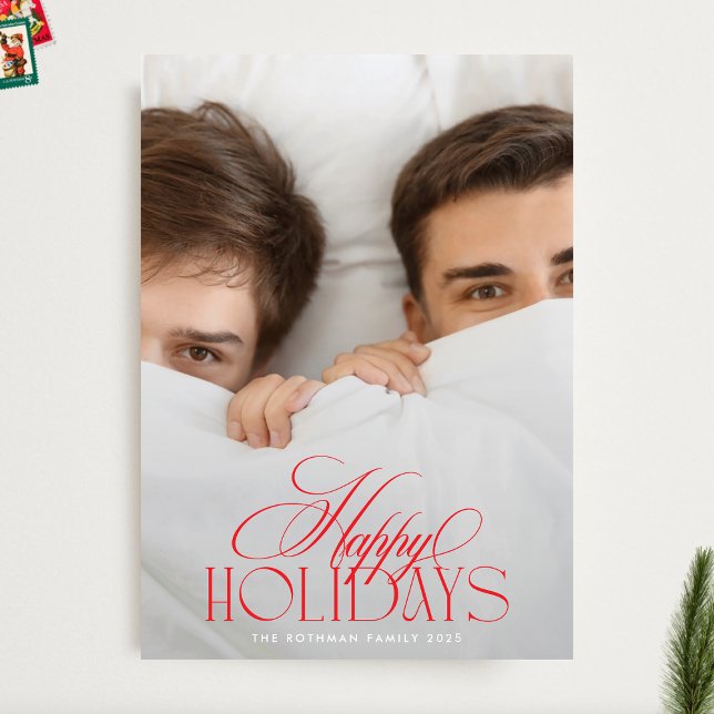 Elegant Red & White Christmas Calligraphy 2 Photo Holiday Card (Creator Uploaded)